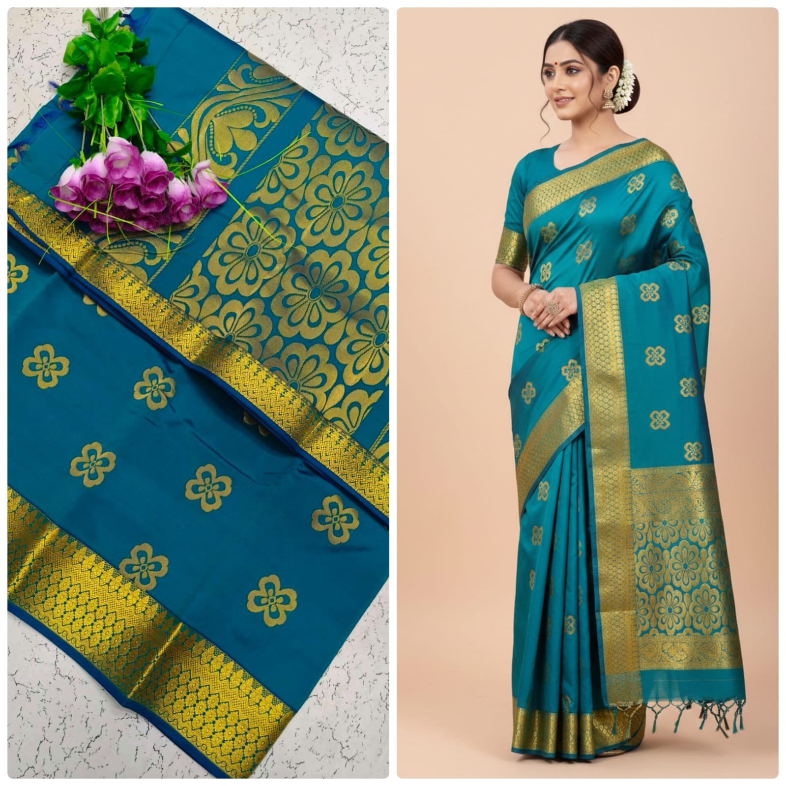 Kotta Cotton Silk Saree Turquoise